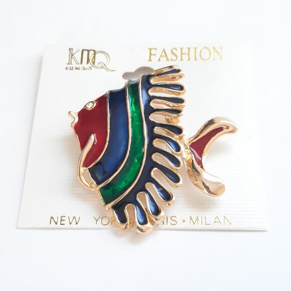 Enamel Topical Fish Rhinestone Eye Gold Tone Colorful Brooch Pin NEW Vacation - Picture 5 of 5
